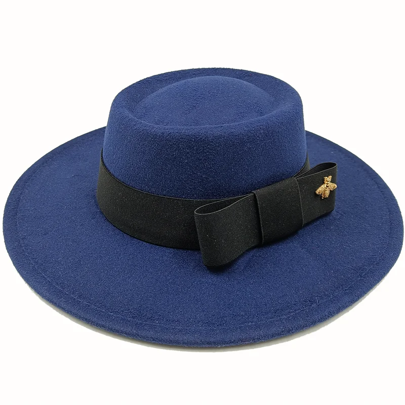 Navy blue Boater Porkpie Hat with ribbon