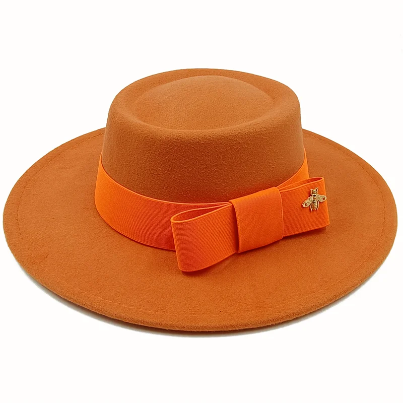 Orange Boater Porkpie Hat with ribbon