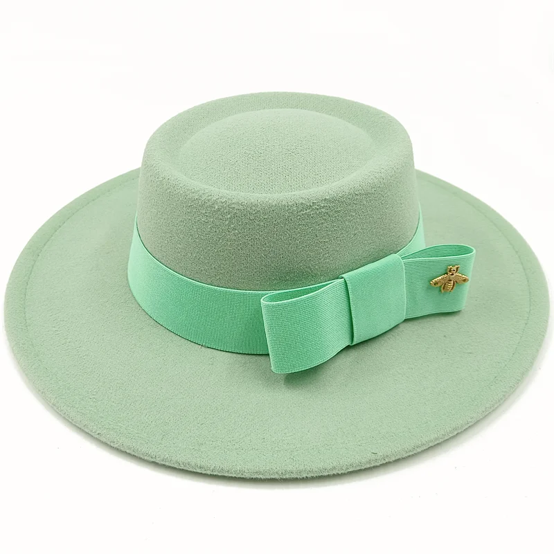 Green Boater Porkpie Hat with ribbon