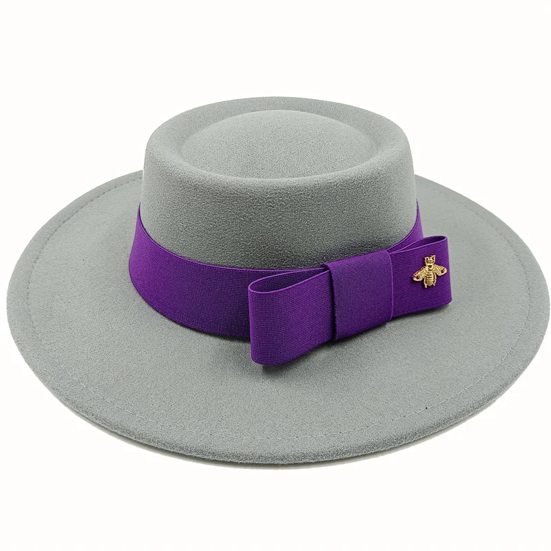 Purple Boater Porkpie Hat with ribbon