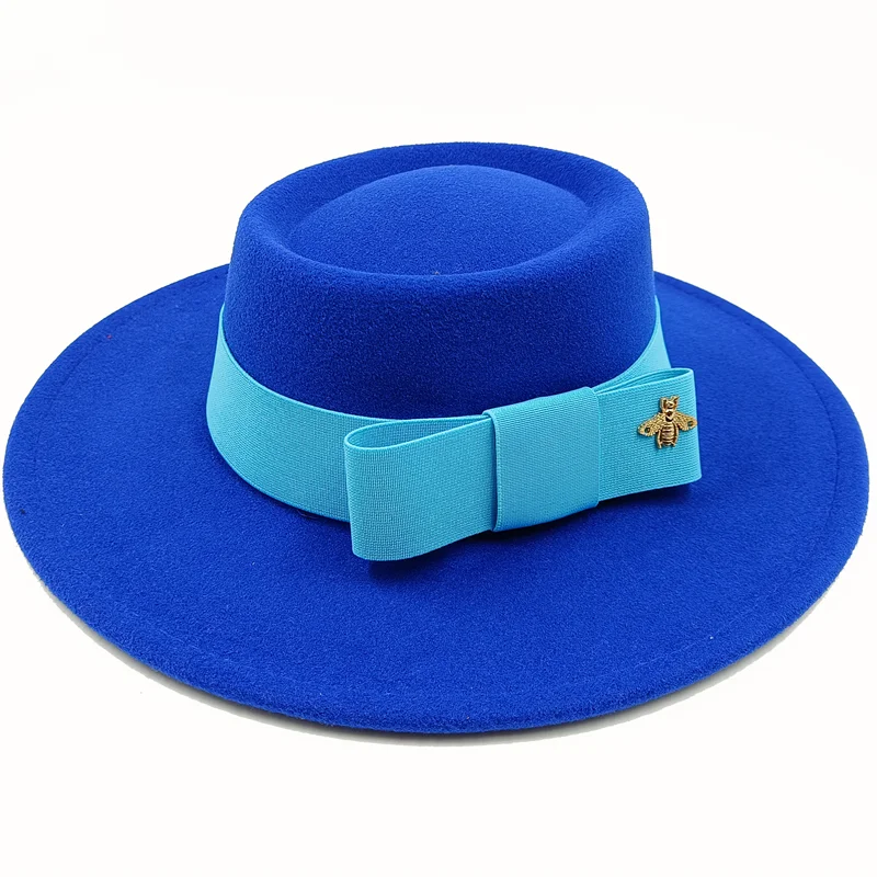Blue Boater Porkpie Hat with ribbon