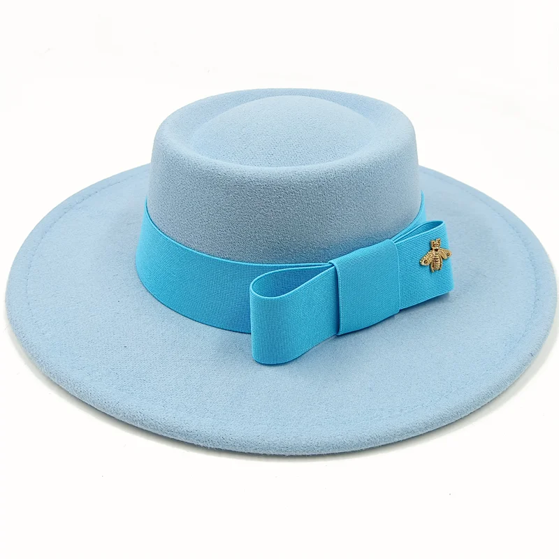 Sky blue Boater Porkpie Hat with ribbon