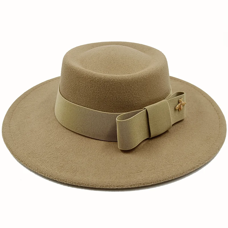 Beige Boater Porkpie Hat with ribbon