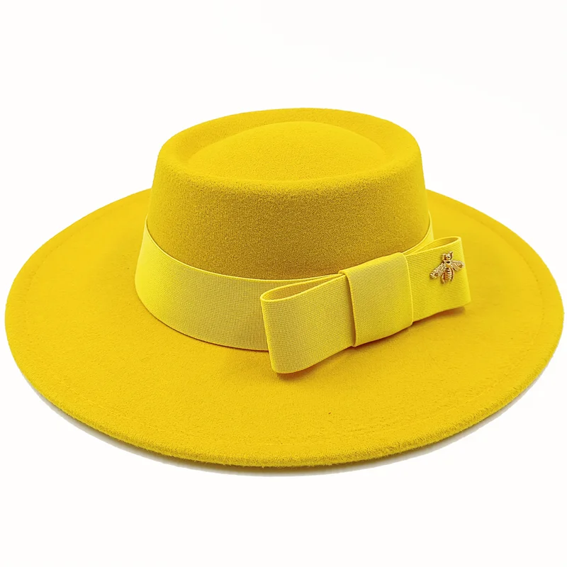Yellow Boater Porkpie Hat with ribbon – classic straw hat