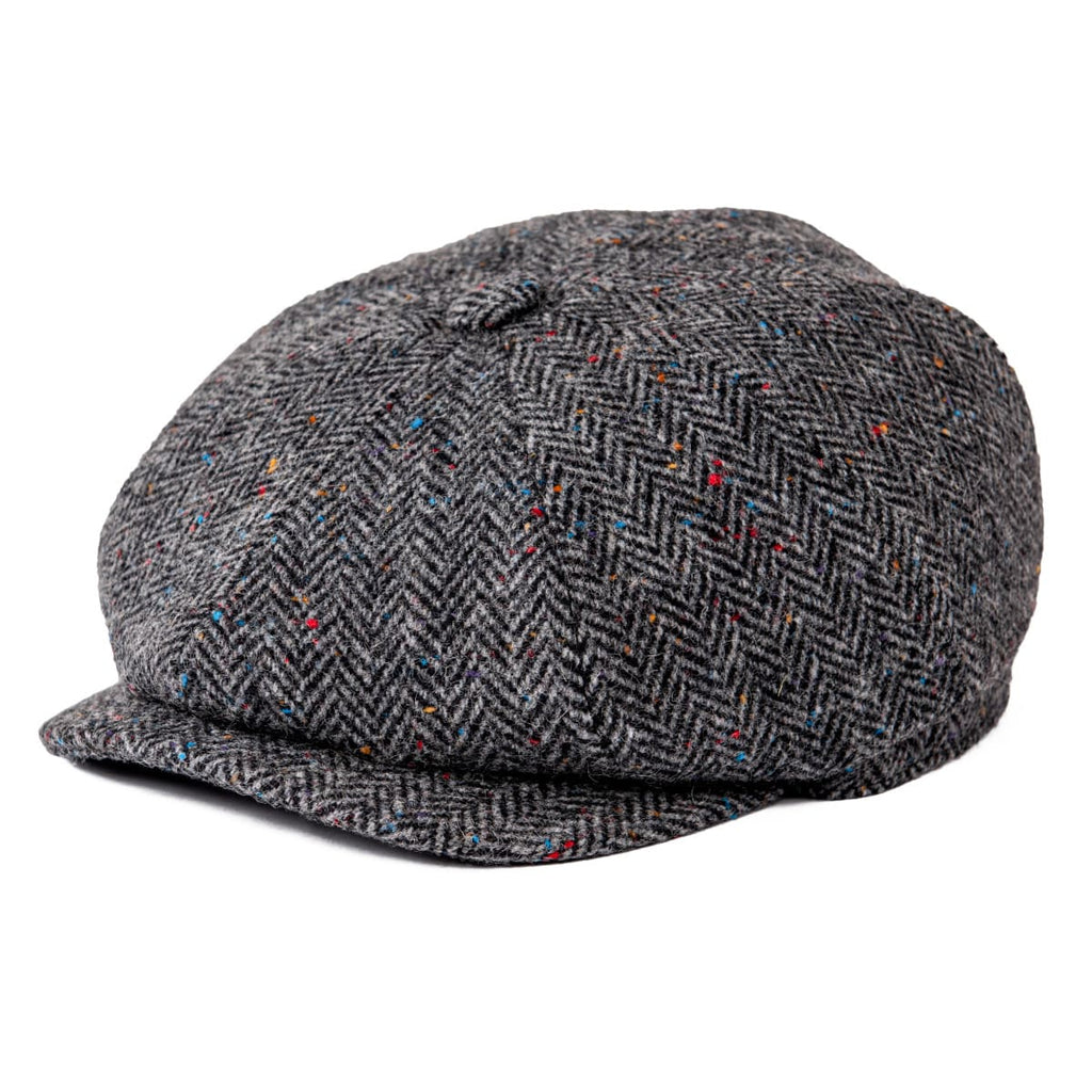 Gray Wool Newsboy Cap - Flecked Gray Herringbone Pattern Classic Flat