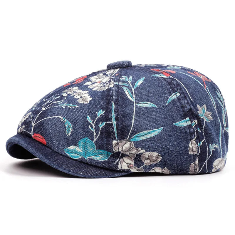 Floral Denim Newsboy Cap