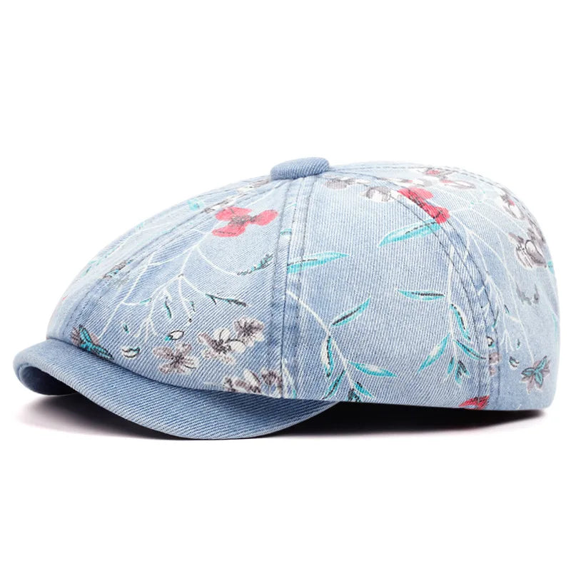Floral Denim Newsboy Cap