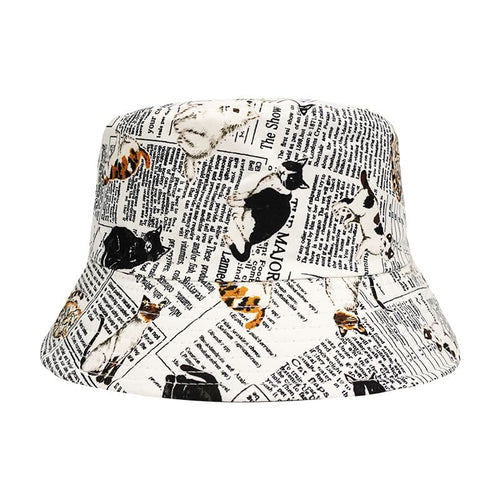 White Cat Bucket Hat - Reversible Cotton Hat With Stylish Cat Pattern,
