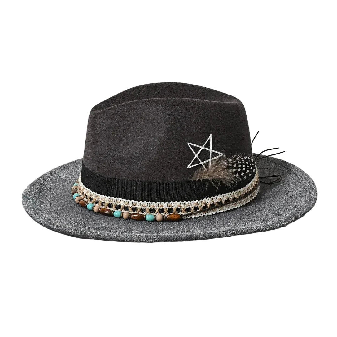 Handmade Bohemian Feather Stars Suede Fedora Hat