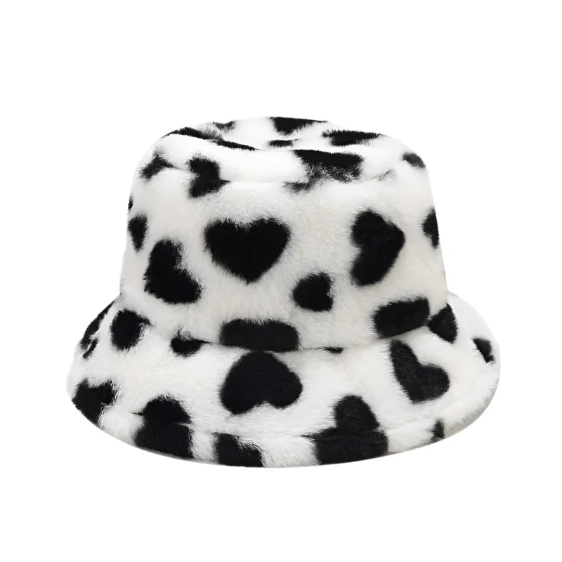 Hearts Print Winter Fur Bucket Hat
