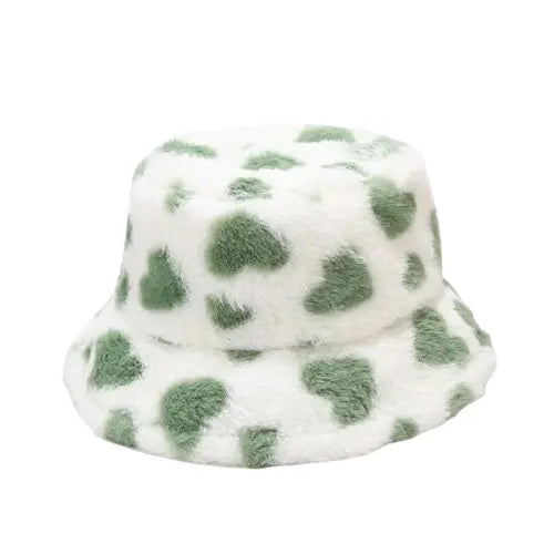 Hearts Print Winter Fur Bucket Hat