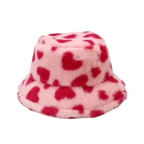 Hearts Print Winter Fur Bucket Hat