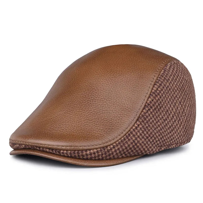 JM Houndstooth Genuine Leather Duckbill Flat Cap