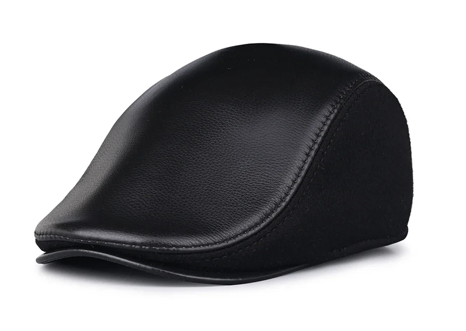JM Houndstooth Genuine Leather Duckbill Flat Cap