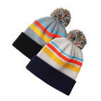 Jacquard Pompom Multicolor Striped Beanie
