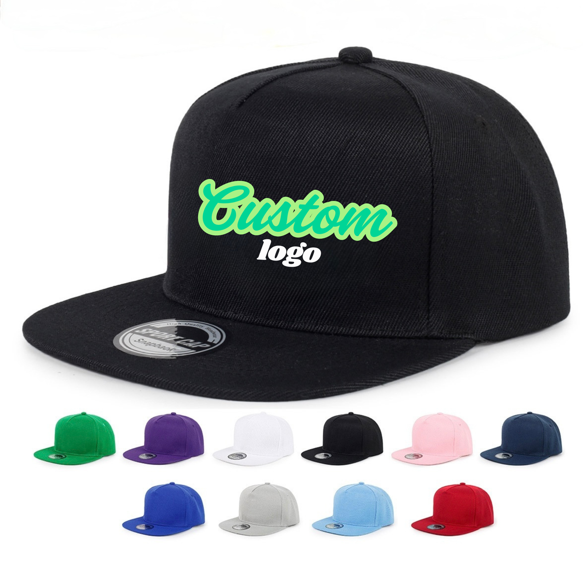 Custom printed logo snapback cap, black flat brim baseball cap