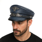 LWY Blue Genuine Leather Military Sailor Cap