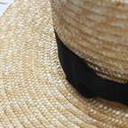 Khaki Straw Boater Hat with ribbon – classic straw hat detail