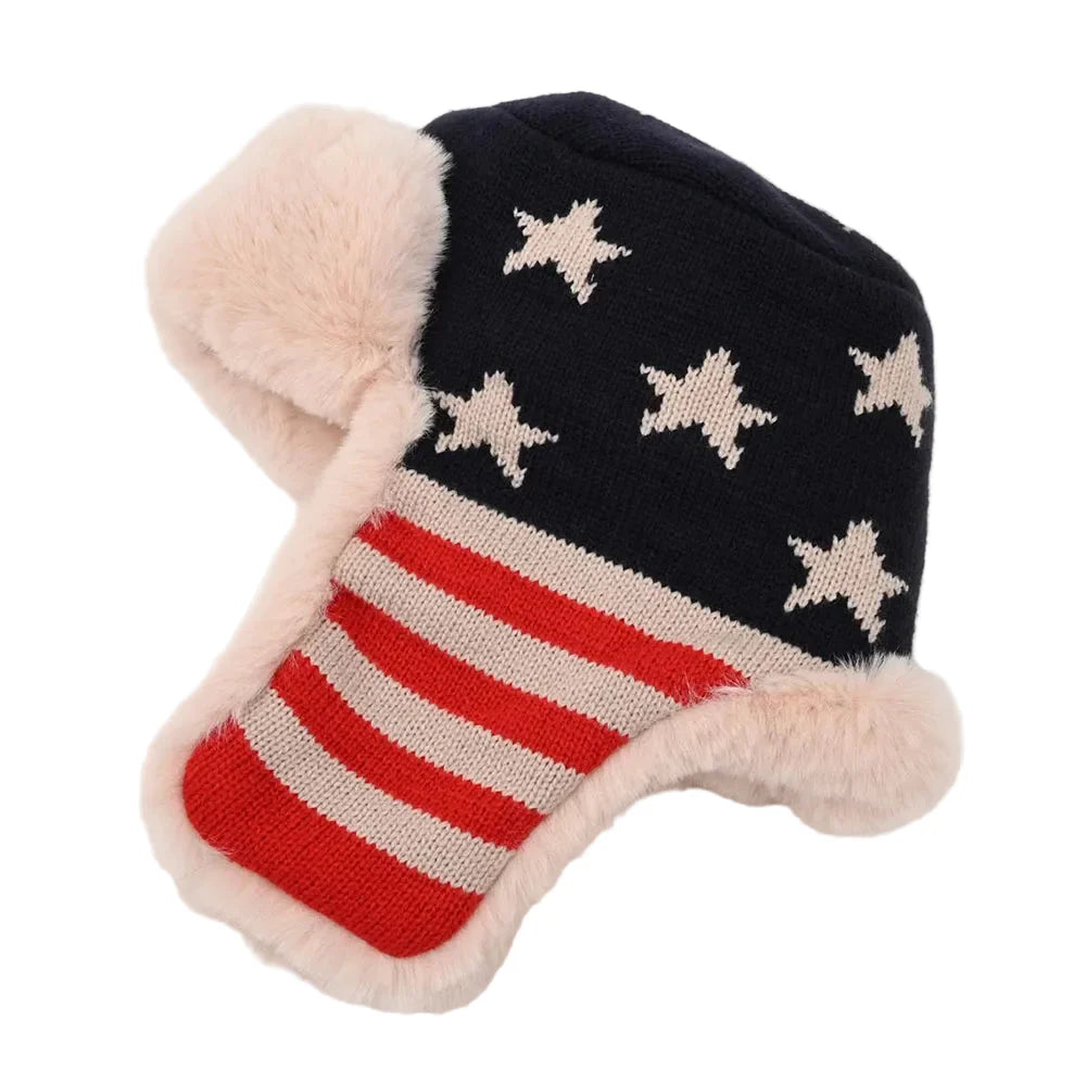 EEUU Flag Winter Knit Fur Bomber Hat