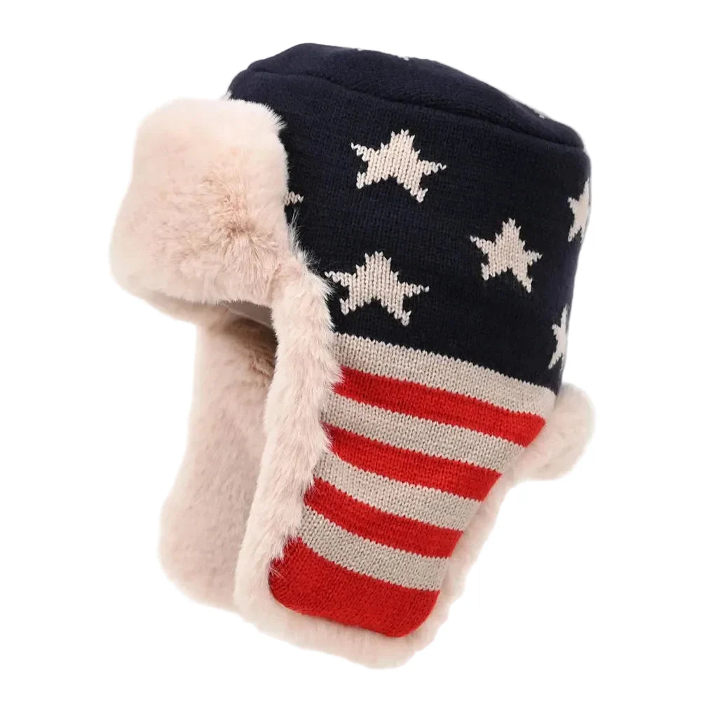 EEUU Flag Winter Knit Fur Bomber Hat