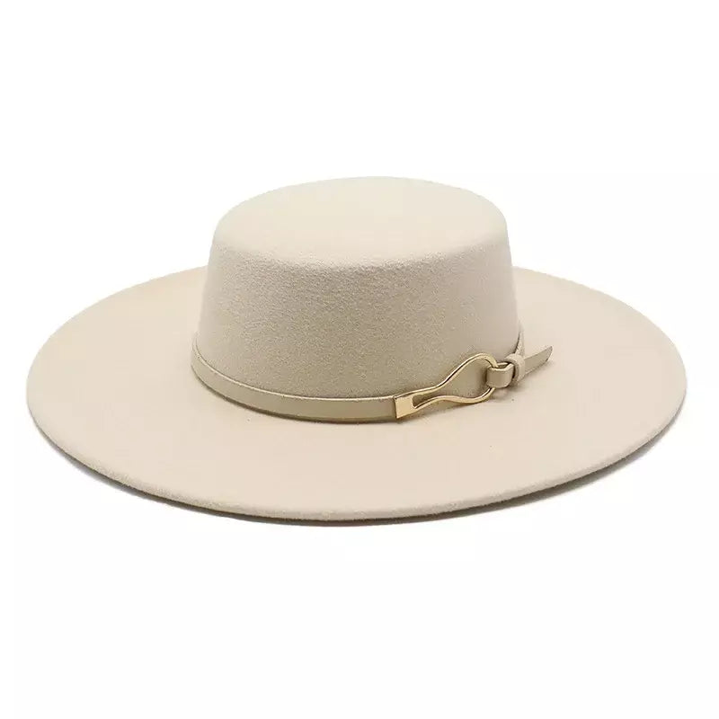 Beige Wide Brim Boater Hat – adjustable cotton classic boater style