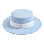 Sky blue and white felt boater hat with belt – retro felt hat