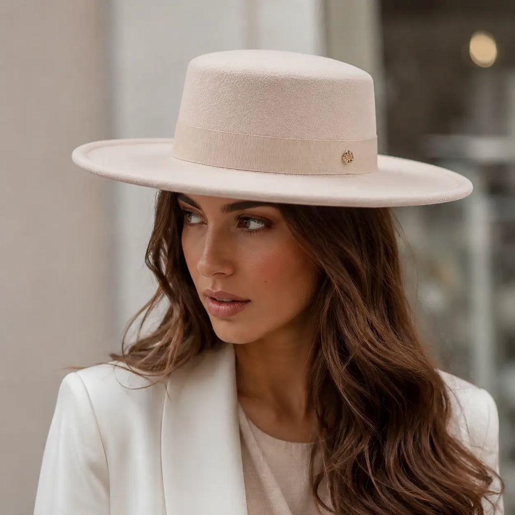 Wide Brim Boater Hat worn by model – adjustable wide brim hat