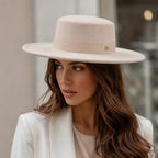 Wide Brim Boater Hat worn by model – adjustable wide brim hat