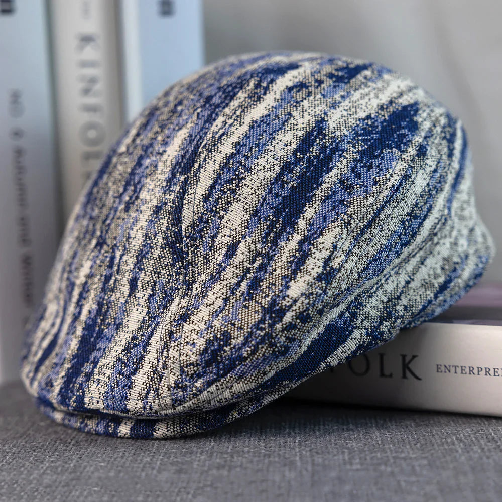 Monaitte Blue & White Striped Linen Flat Cap