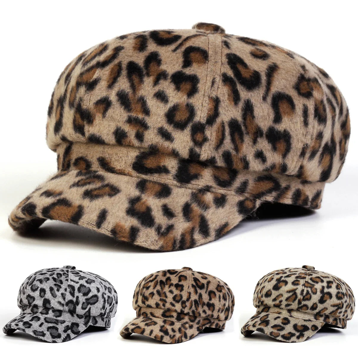 Mumford Women Leopard Print Plush Newsboy Cap