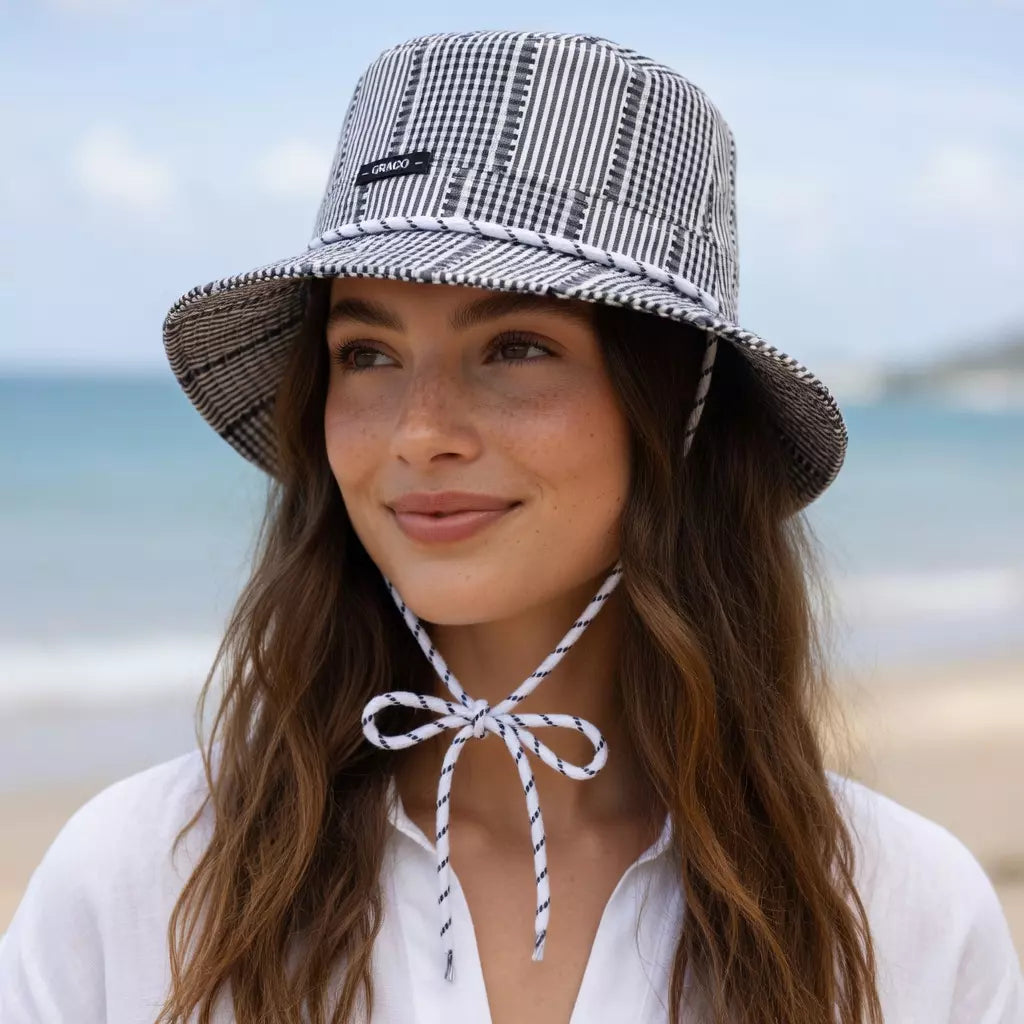 Black striped boater hat – straw boater with stripes lifestyle