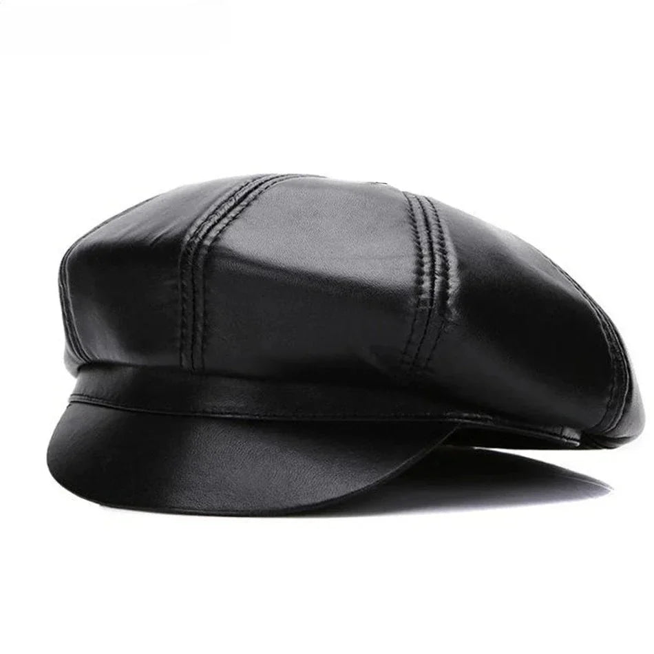 New Jersey Women Black Genuine Leather Newsboy Cap