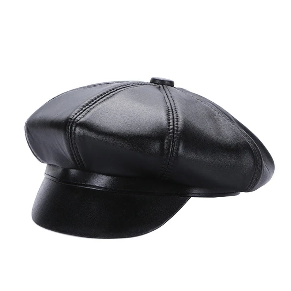 New Jersey Women Black Genuine Leather Newsboy Cap