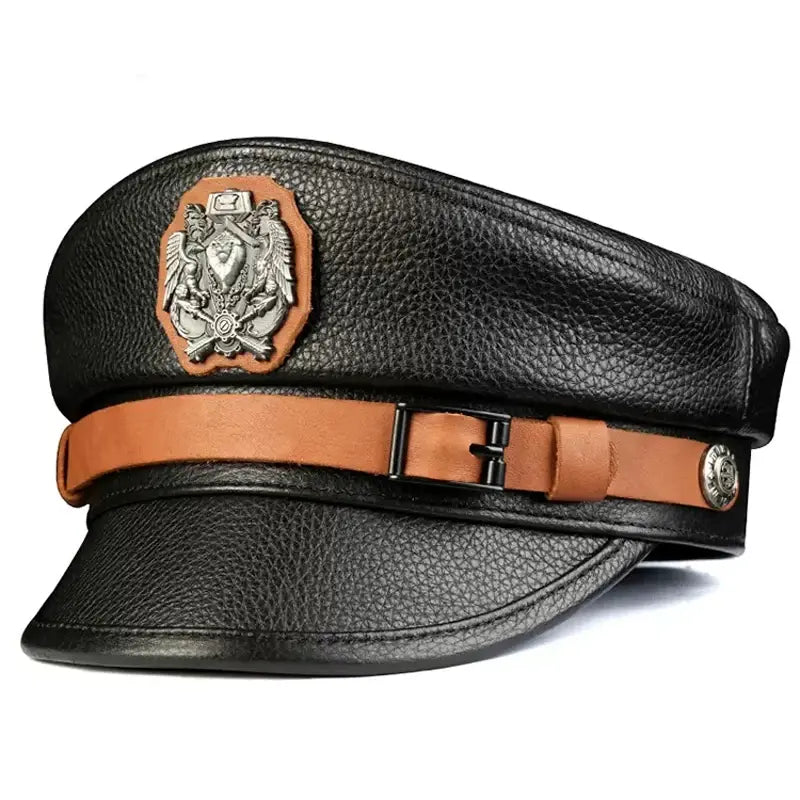 Orson Black Genuine Leather Military Cap