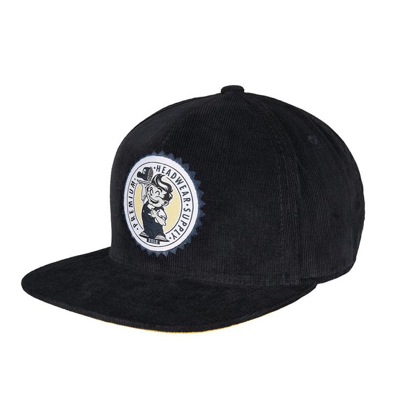Corduroy Snapback Cap – Black Adjustable Cotton Baseball Style Hat — side view