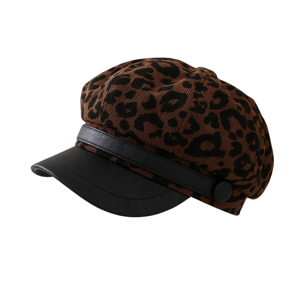 Paris Women Leopard Print Leather Newsboy Cap