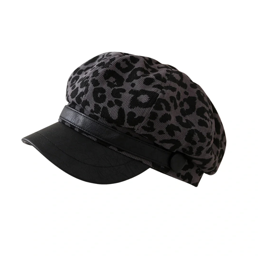 Paris Women Leopard Print Leather Newsboy Cap