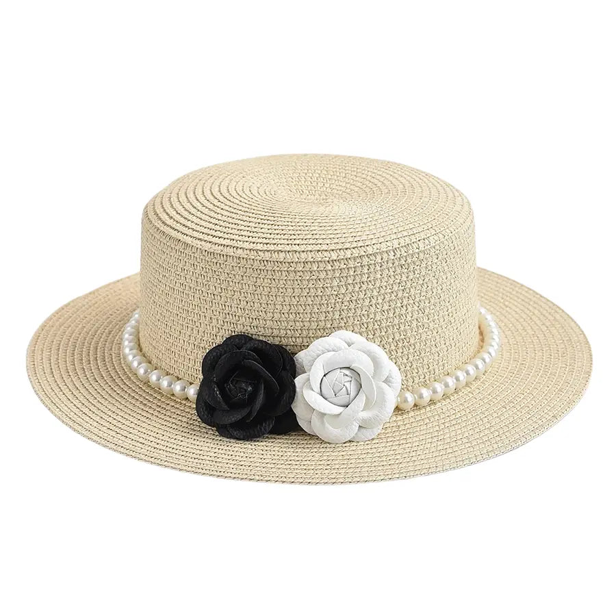 Beige raffia boater hat with rose ribbon – summer raffia hat