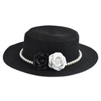Black raffia boater hat with rose ribbon – summer raffia hat