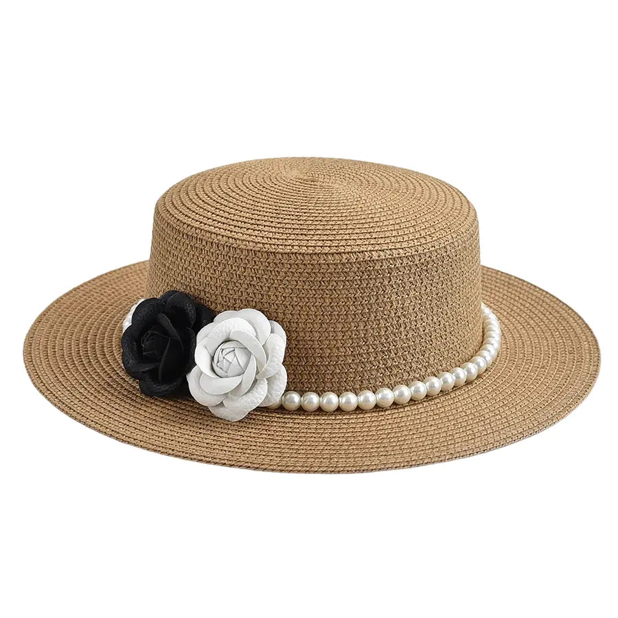 Khaki raffia boater hat with rose ribbon – summer raffia hat