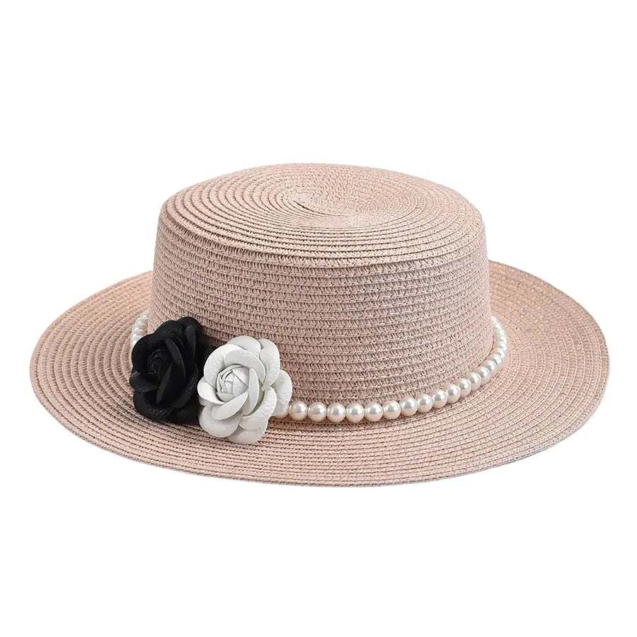 Pink raffia boater hat with rose ribbon – summer raffia hat