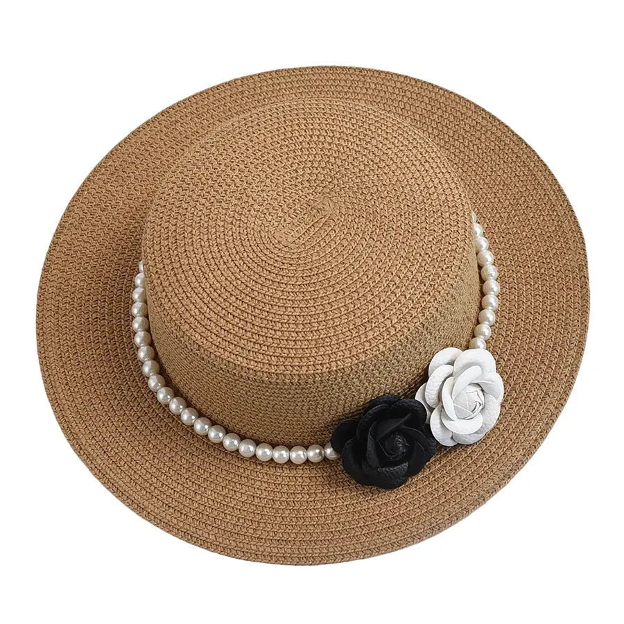 Rose raffia boater hat top view – summer raffia hat