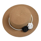 Rose raffia boater hat top view – summer raffia hat