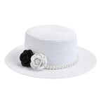 White raffia boater hat with rose ribbon – summer raffia hat