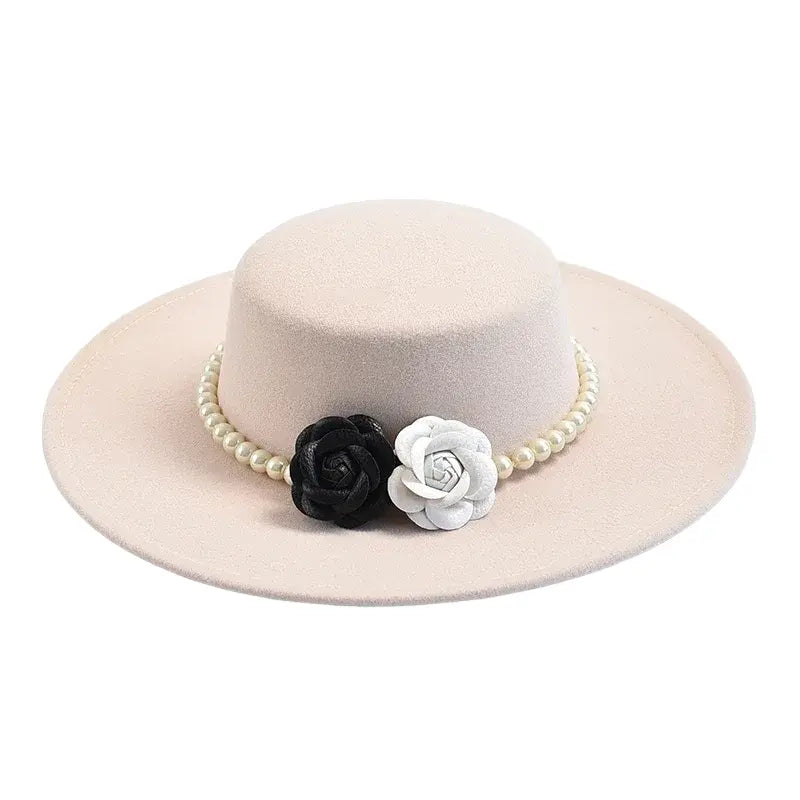 Beige wide brim boater hat with rose ribbon – adjustable cotton sun hat