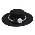 Black wide brim boater hat with rose ribbon – adjustable cotton sun hat