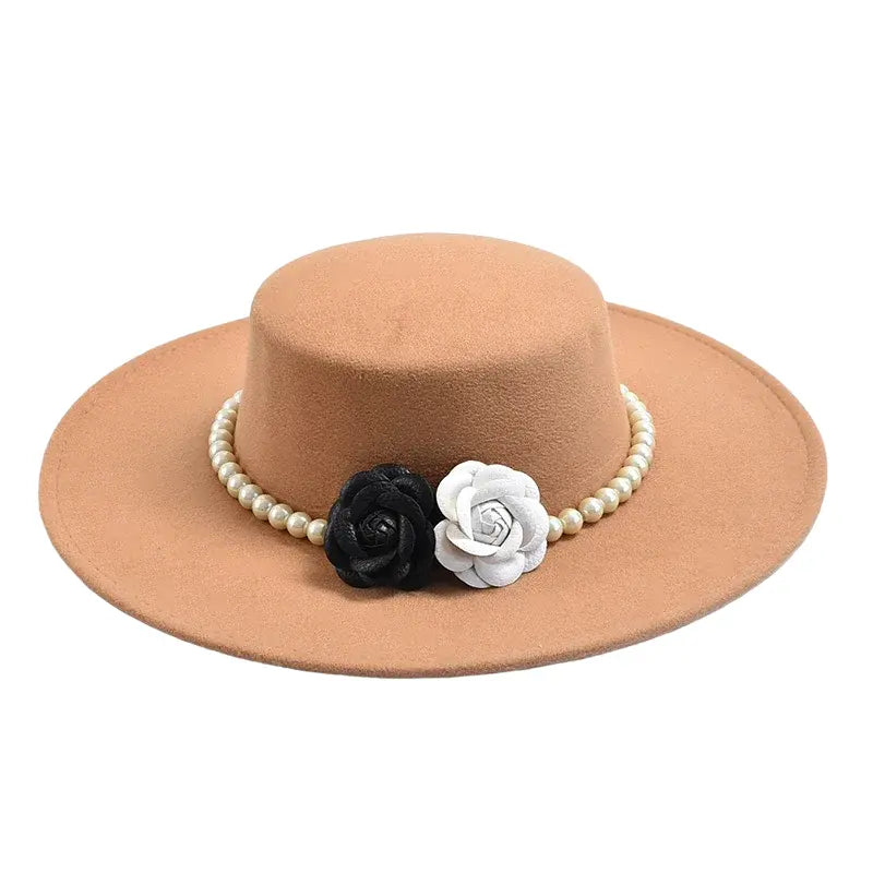 Camel wide brim boater hat with rose ribbon – adjustable cotton sun hat