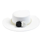 White wide brim boater hat with rose ribbon – adjustable cotton sun hat