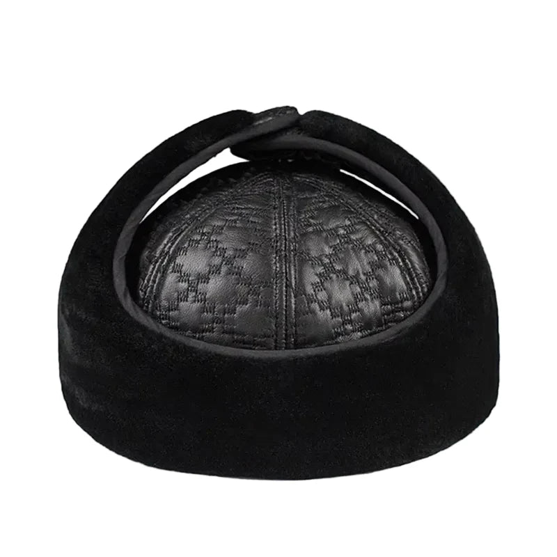 Pickford Black Genuine Leather Rhombuses Earflaps Flat Cap