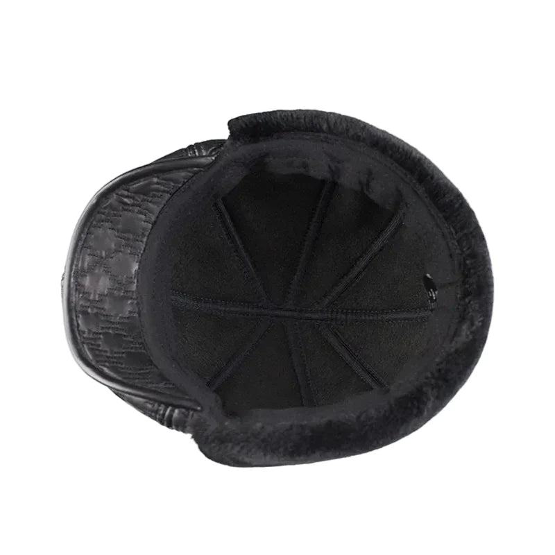 Pickford Black Genuine Leather Rhombuses Earflaps Flat Cap